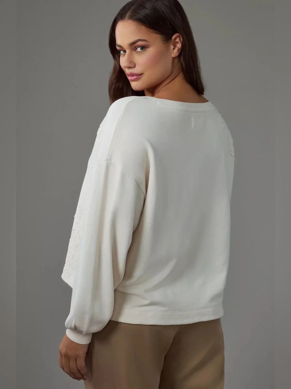 By Anthropologie Crochet Appliqué Pullover Off-Shoulder Sweatshirt Cream